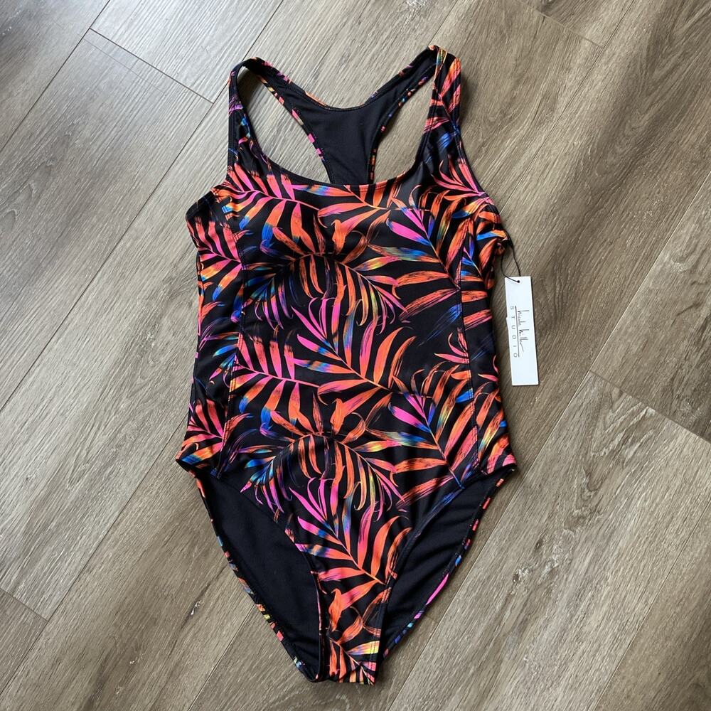 Nicole Miller One Piece Swimsuit Sz M Black Electric Palms Built in Bra NWT